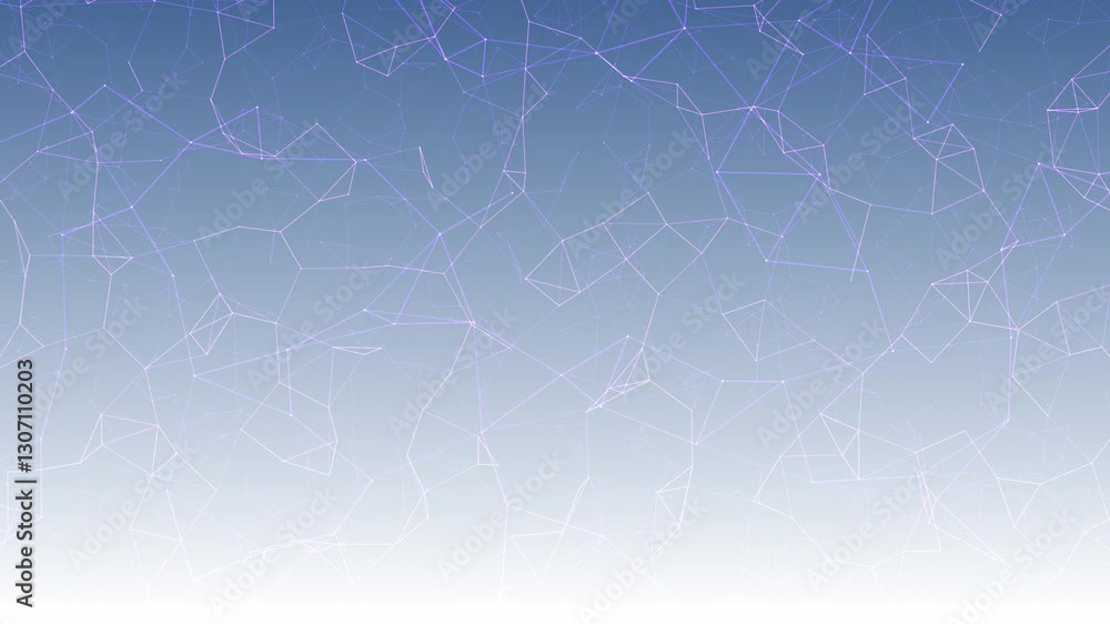Poster Bright light blue abstract geometric plexus connection web, network motion graphic, falling polygons pastel background animation