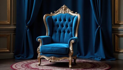 Rich blue velvet throne; ornate silver accents Vintage fabric, regal setting , setting, decoration, classic