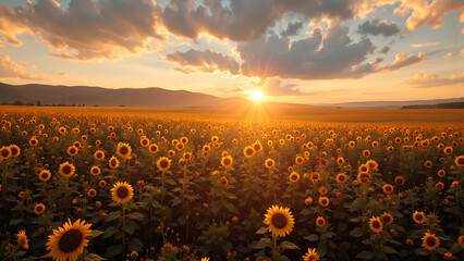 Obraz premium A vibrant field of sunflowers stretches under a sunset sky, creating a stunning blend of yellow blooms and warm, golden light.