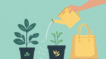 A hand pours water from a can onto a plant, promoting growth and nurturing nature.