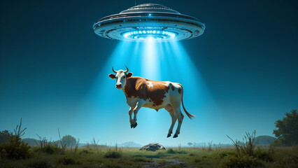 A cow is being abducted by a UFO, illuminated by a beam of light in a surreal, night-time landscape.