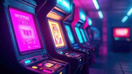An ultra-realistic concept of holographic gaming ads in a futuristic arcade, Dark Background with Bright Hues. , closes up