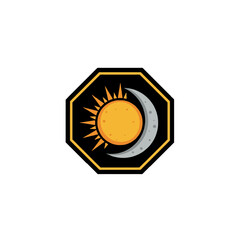 Stylized Sun and Moon Icon Representing Day and Night in a Hexagonal Design