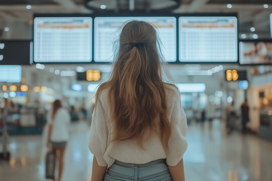 A traveler with long hair stands in an airport terminal, gazing at the departure board displaying flight information as passengers move around in the background.