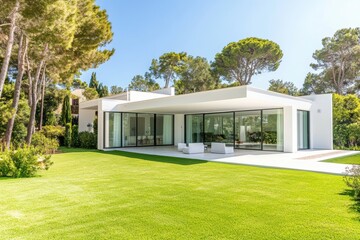 Close-up frontal view of contemporary white villa with glass doors and manicured lawn in summer
