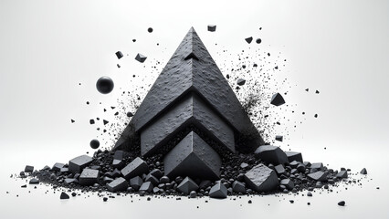 A striking black pyramid emerges from a scattered array of dark particles, creating a dynamic and modern visual contrast against a light background.