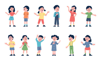 Children singers. Kids choir, flat toddlers on sing lesson. Music performance little actors, vocal show. Isolated talented students recent vector set