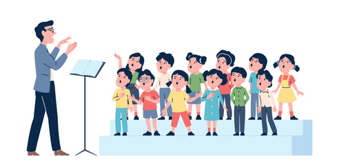 Obraz premium Kids choir. Singing lesson with teacher, musical school students or vocal competition talents. Children sing song together, music recent vector characters