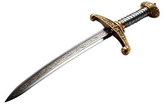 A knight’s sword with an ornate hilt symbolizing honor and courage, isolated on a empty plain background