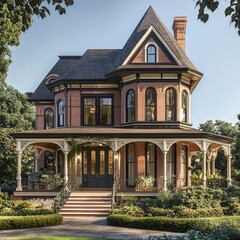 Fototapeta premium a Victorian townhouse, showcasing a steep gabled roof and a charming front porch with decorative columns