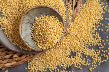 Bowl of raw uncooked yellow pearl hulled millet grain on gray table top view. Ancient food