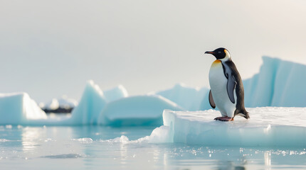 Obraz premium Emperor penguin standing on an ice floe near open water in Antarctica's serene environment