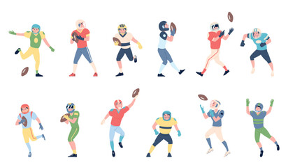 American football. Rugby players in sport uniform. Isolated flat athletes play with hand ball, sportlers in different poses. Competition characters recent vector set