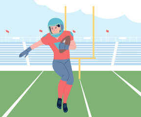 American football player. Rugby athlete with hand ball on field. Competition scene, professional sportler in uniform running, recent vector scene
