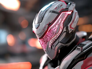 Fototapeta premium A fantasy warrior wearing futuristic armor with glowing holographic patterns, set in a neon battlefield, High Detail.