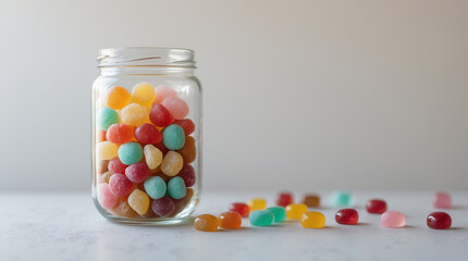 Colorful candy jar filled with assorted jelly sweets on a light background