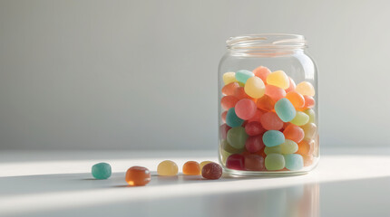 Colorful candy jar filled with assorted gummy sweets on a bright surface in morning light
