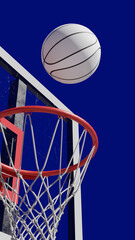 Basketball in Motion Towards Hoop Against a Blue Background, 3D rendered illustration