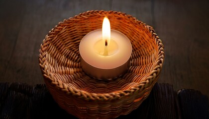 a candle is lit in a wicker basket