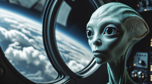 Extraterrestrial life form gazes at Earth from spacecraft during a cosmic journey