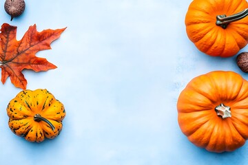 Autumn Harvest Pumpkins, Maple Leaf & Acorns on Blue Background