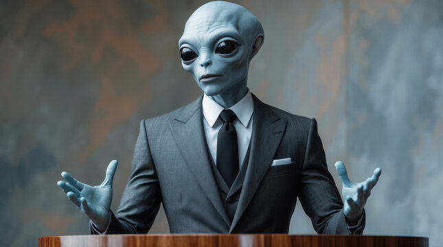 Alien in a suit speaks at a podium during an event about extraterrestrial life and intergalactic diplomacy
