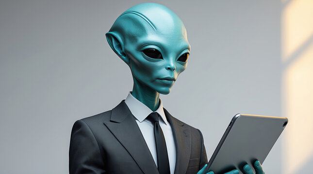 Alien in business attire using a tablet in a modern office setting with bright natural light