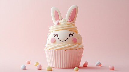 Cute Easter cupcake with bunny ears and smiling face.