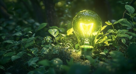 Glowing lightbulb in lush green foliage symbolizes eco-friendly energy