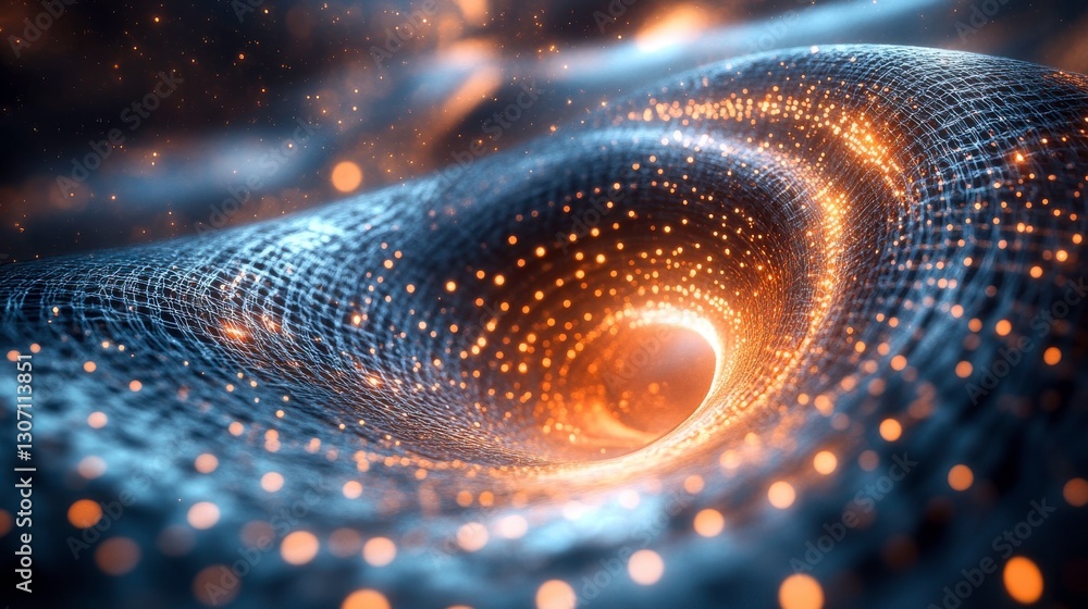 Poster a mesmerizing depiction of a swirling vortex with glowing particles, evoking a sense of cosmic depth