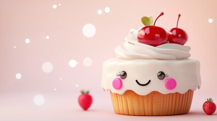 Cute cartoon cupcake with cherries and frosting, decorated with pink accents on a soft pink background.