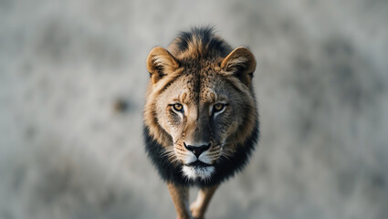 Obraz premium Majestic lion gazes curiously into the camera in a serene environment during late afternoon light