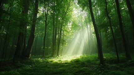 Obraz premium A dense forest with tall trees, soft mist rising from the ground, peaceful and immersive atmosphere, ultra-detailed, 4K.