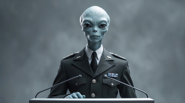 Alien figure in military uniform speaks at a podium during a press conference in a futuristic setting