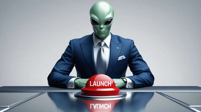 Alien figure in a suit sits at a desk, poised to activate a large red launch button in a modern, minimalist setting