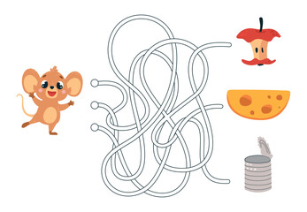 Children puzzle game. Help mouse find path to cheese. Choose right way, waste and food. Kids developing play for school, kindergarten, classy vector scene