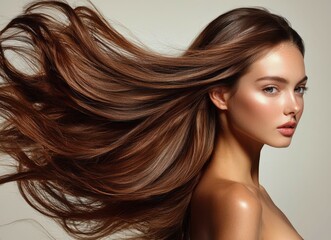 Fototapeta premium Brunette woman fashion model with shiny hair healthy brown hair on gray background