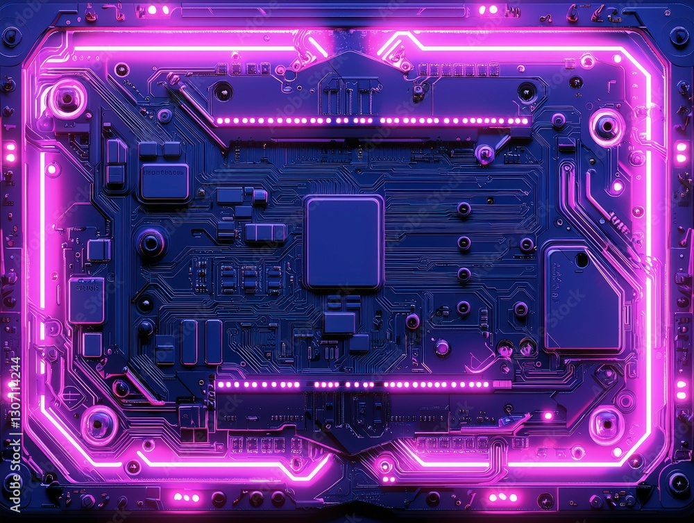 Poster close up digital circuit board in neon light of digitally generated data background with digital cir