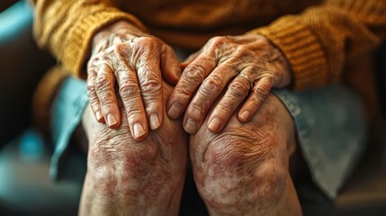 Fototapeta premium Close up of hands holding knee with pain due to degenerative arthritis injury that is bent or physical therapy concepts