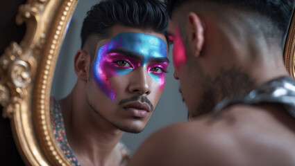Obraz premium Stunning makeup artistry showcased by a model gazing into an ornate mirror with vibrant colors and striking features