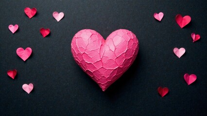 Obraz premium A textured pink heart surrounded by smaller hearts on a dark background, symbolizing love and affection