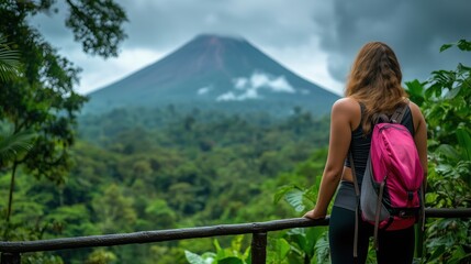 Naklejka premium Woman admiring Volcano from a jungle lookout with vibrant afternoon light creating a stunning atmosphere