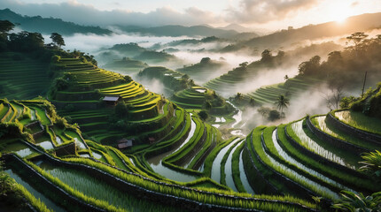 Breathtaking sunrise over terraced rice fields in a mountainous landscape