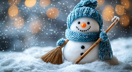 Whimsical smiling snowman with broom in snowy scene, minimalist pastel blue background and copy space for captions. AI-generated ultra-realistic artwork with falling snowflakes ideal for social media