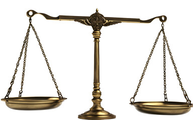 A pair of antique brass scales representing justice and balance, isolated on a empty plain background