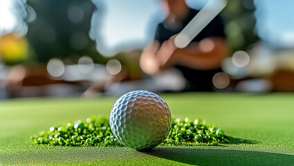 close up of golf ball on green surface with blurred background. scene captures anticipation of golfer preparing to take shot, creating sense of focus and excitement