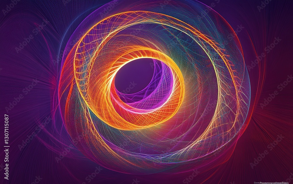 Poster abstract digital art of an illuminated futuristic circular pattern with neon lines on a dark purple 