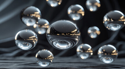 Floating glass spheres reflecting light in a soft, dark environment create an ethereal atmosphere