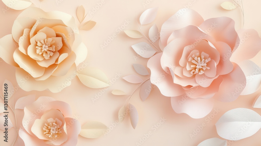 Poster delicate paper art background featuring pastel flowers and leaves for elegant design layouts generat