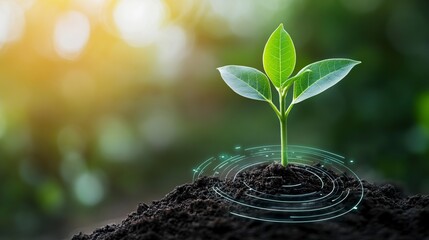 A vibrant green seedling emerges from rich soil, encircled by a glowing technological overlay, set against a sun drenched, verdant backdrop. The image conveys growth, technology, and nature.
